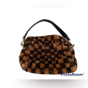 Kassiopea x Anthropologie fuzzy faux fur black brown tan checkerboard armpit bag